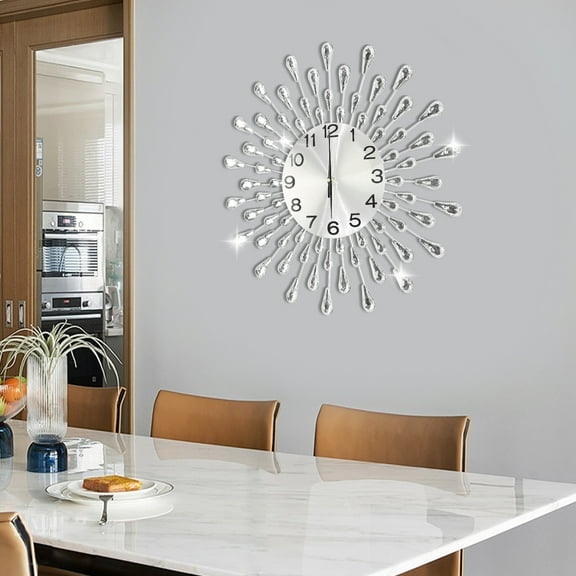 Large Wall Clock, Modern Large Wall Clocks for Living Room Decor, Silent Wall Clock Battery Operated Non-Ticking, Big Silver Drop Crystal Wall Clock for Bedroom Kitchen Office Home Decoration