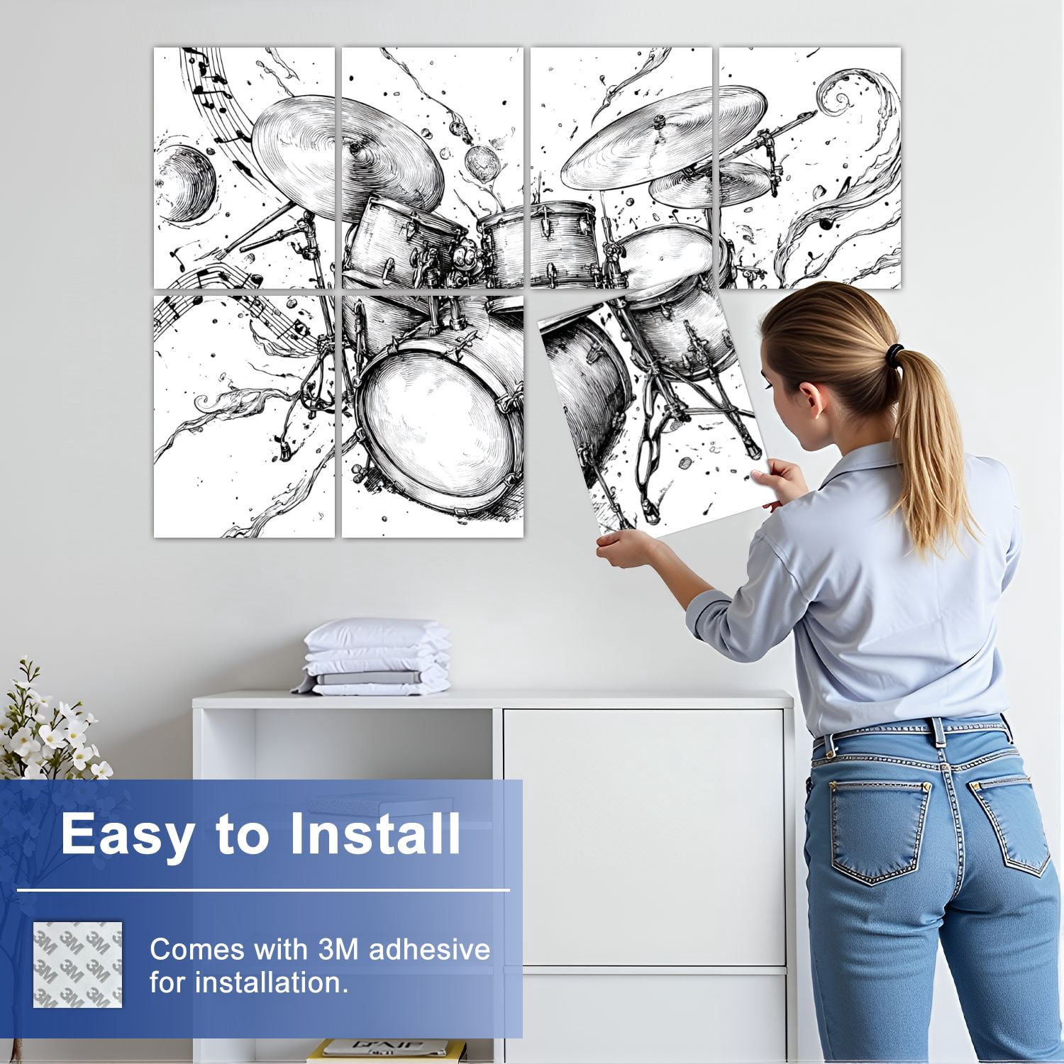 8 Pack Art Acoustic Panels Sound Absorbing Whimsical Drum Set Sketch Flowing Musical Notes Decorative Soundproof Wall Panels Self Adhesive for Nursery Game Room Bedroom 48"x32"