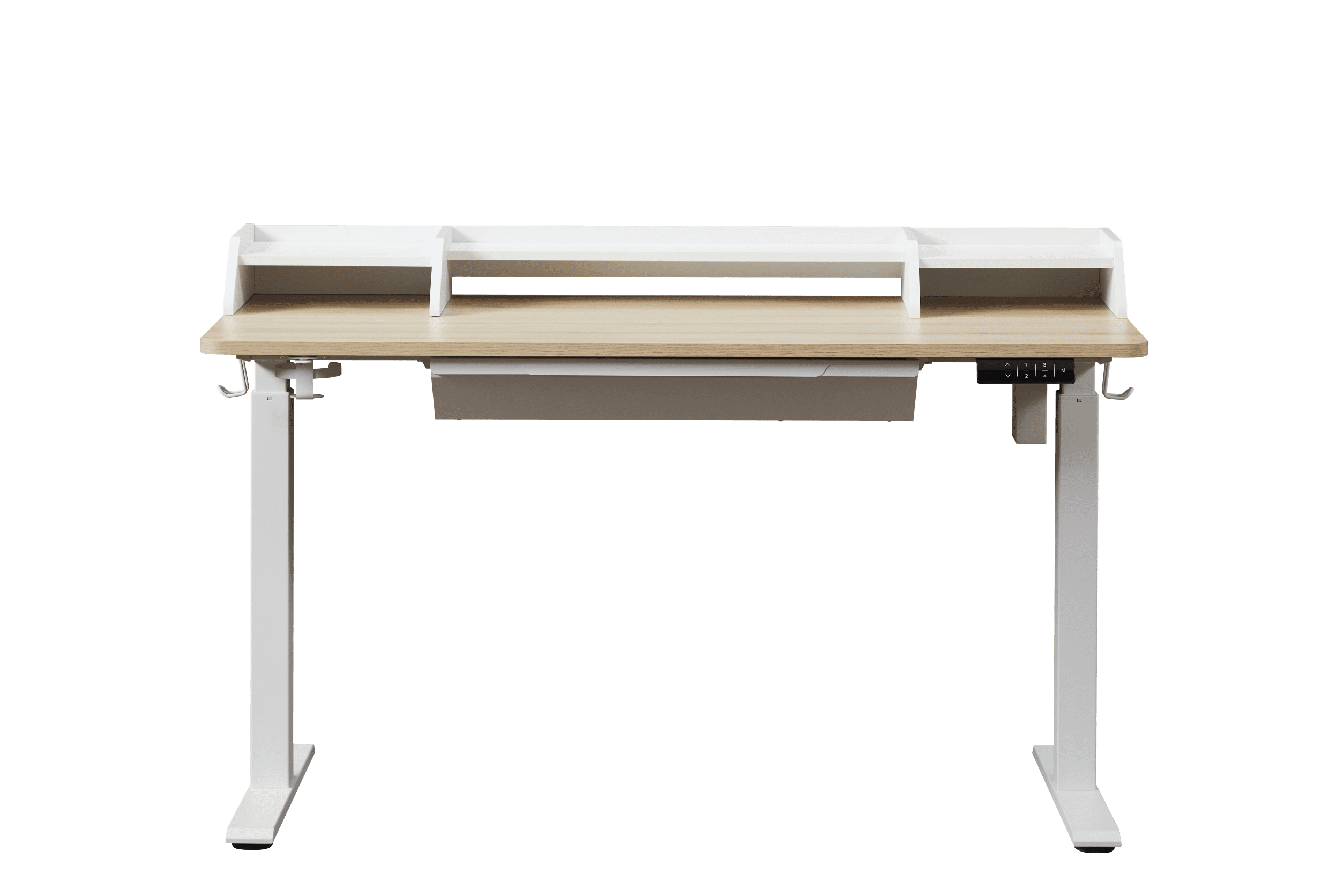 KOWO 55" K304 Electric Height Adjustable Standing Desk with Hutch and Drawer, Natural/White