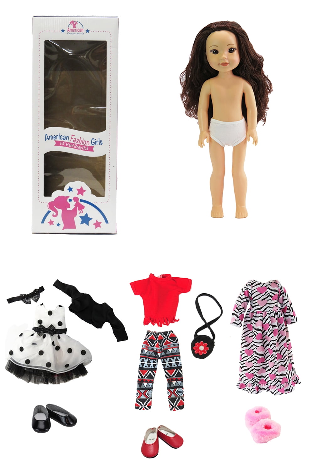 14.5in Doll Opal Brown Hair Brown Eyes Three Outfits and Box Included | American Fashion World
