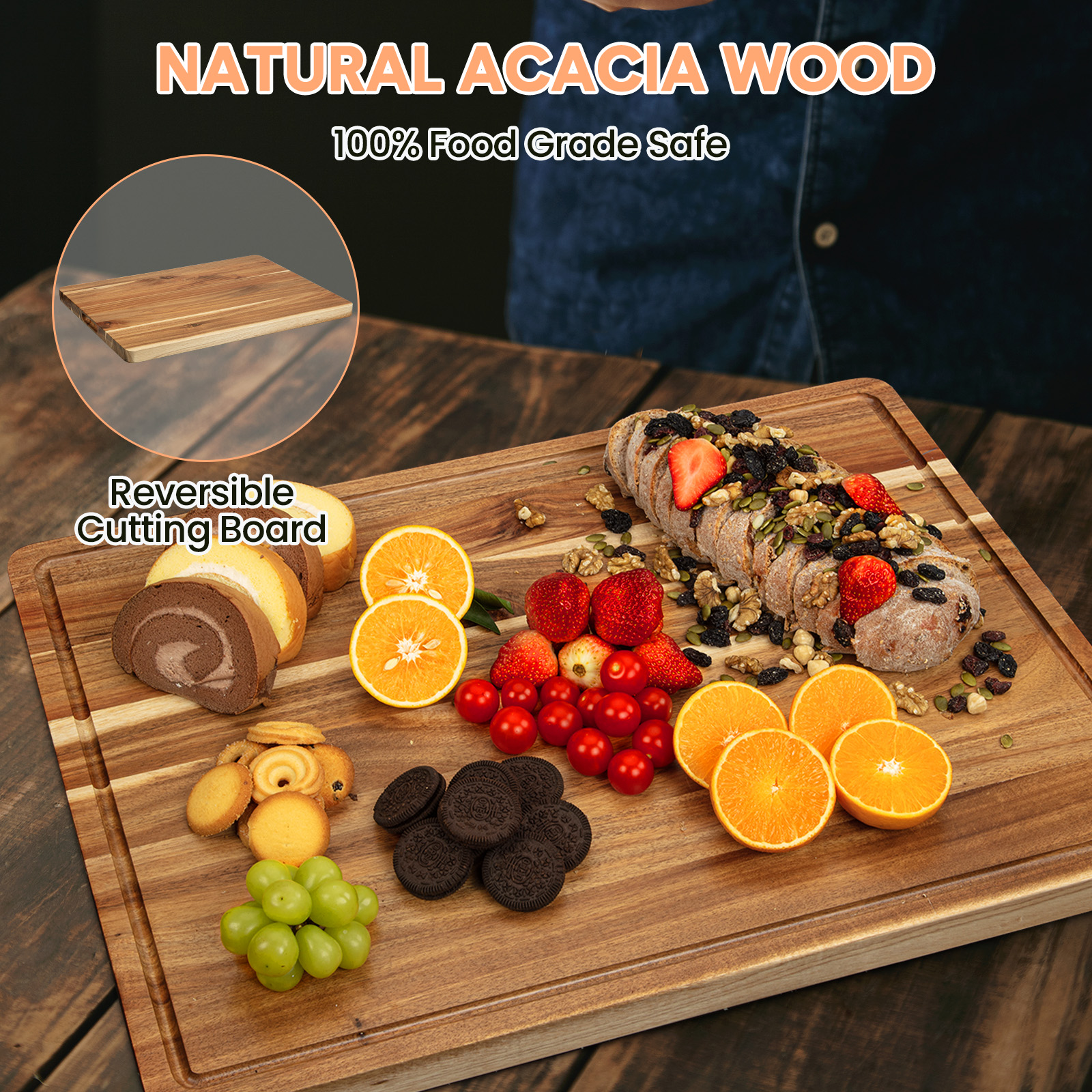 Extra Large Acacia Wood Cutting Board for Kitchen, 24 x 18 Inch Large Butcher Block Chopping Board with Juice Groove, Thick Wood Cutting Boards Carving Board for Turkey Meat Vegetables BBQ