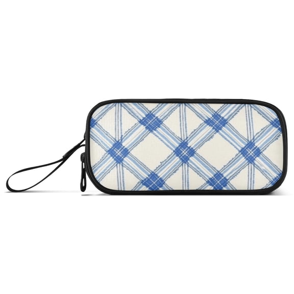 Blue and White Diagonal Plaids Pattern Pencil Case Stationary Holder Pen Bag Pencil Pouch Tool Organizer 3 Compartments