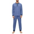 thumbnail image 2 of Dwelliawo Mens Soft Henley Pajamas Set Two Pieces Neck Long Sleeve T-Shirt and Pants with Pockets Pjs Set Lounge Comfy Loose Fit 2025 Fall Fashion Solid Color Loungewear Navy S, 2 of 9