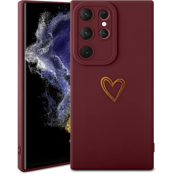Liquid Silicone Compatible with Galaxy S23 Ultra Case (6.8 inches) Cute Gold Heart Phone Case Silky-Soft Touch Slim Protective Shockproof Cover for Samsung Galaxy S23 Ultra for Women-Wine Red