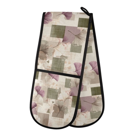 35" x7" Double Oven Mitt Heat Resistant Oven Gloves Withstands Up to 200°C for Kitchen Baking & BBQ Squares and Ginkgo Leaves Pattern