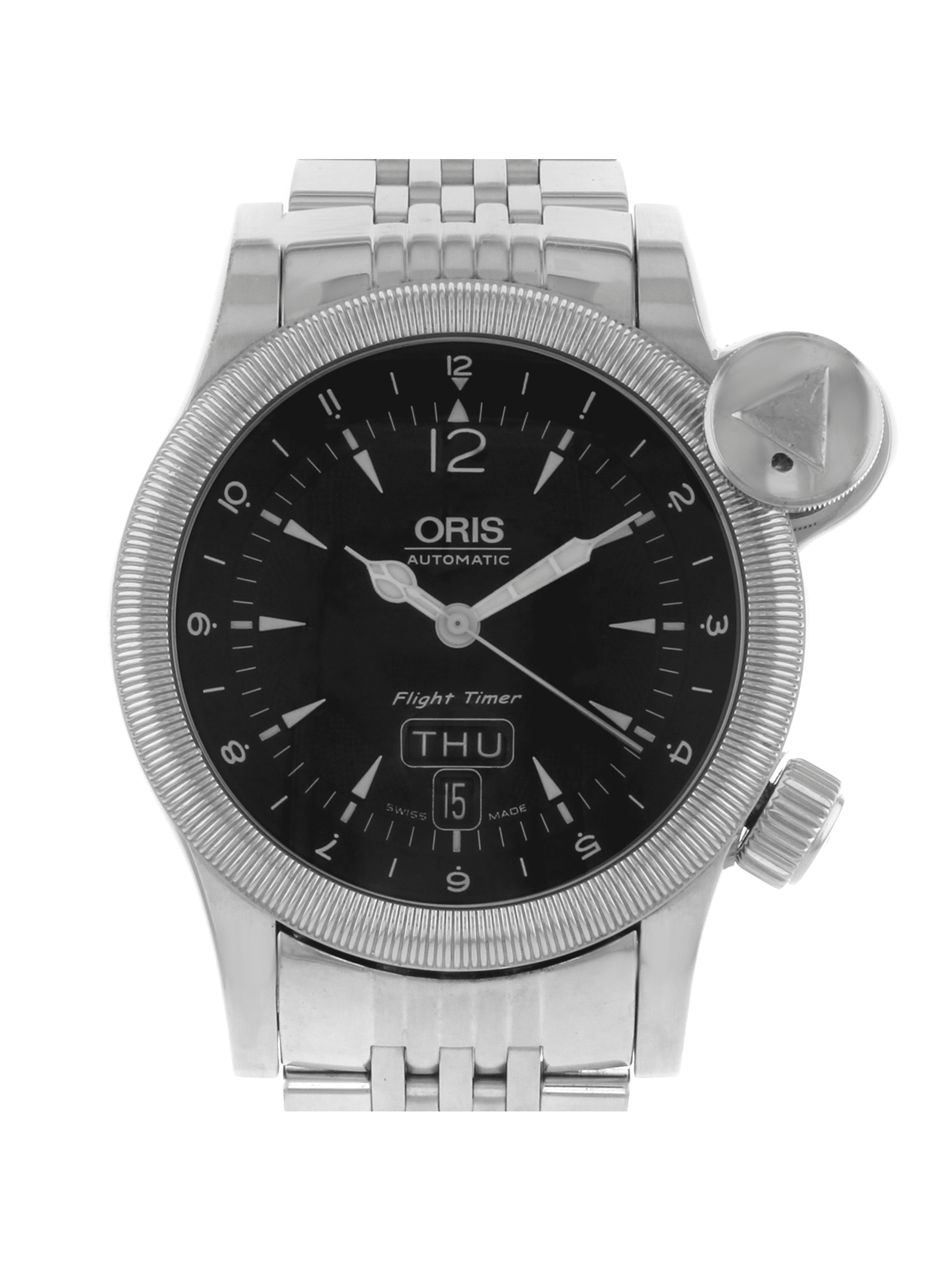 Oris Flight Timer Black Dial Day Date Steel Automatic Mens Watch