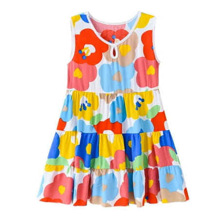 

YWDJ 6-12 Years Girls Dresses Toddler Kids Summer Flower Print Sleeveless Dress Princess Dress Multicolor XL
