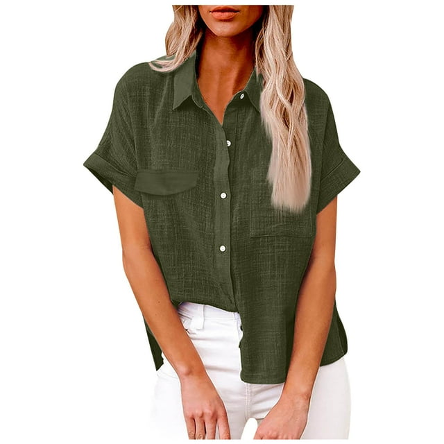 Timegard Tops for Women Lapel V-Neck Short Sleeve Button Solid Color Shirts Basic Casual Loose Tops