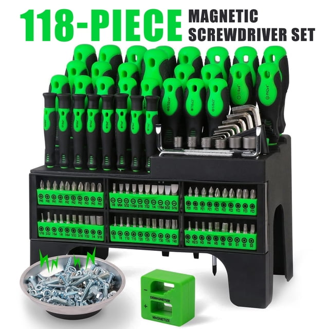 Juego de 118 Piezas de Destornilladores Magnéticos con Estuche de Plástico, Destornilladores de Precisión, Magnetizador, Juego de Llaves, Llave de Tuercas y Juego de Puntas
