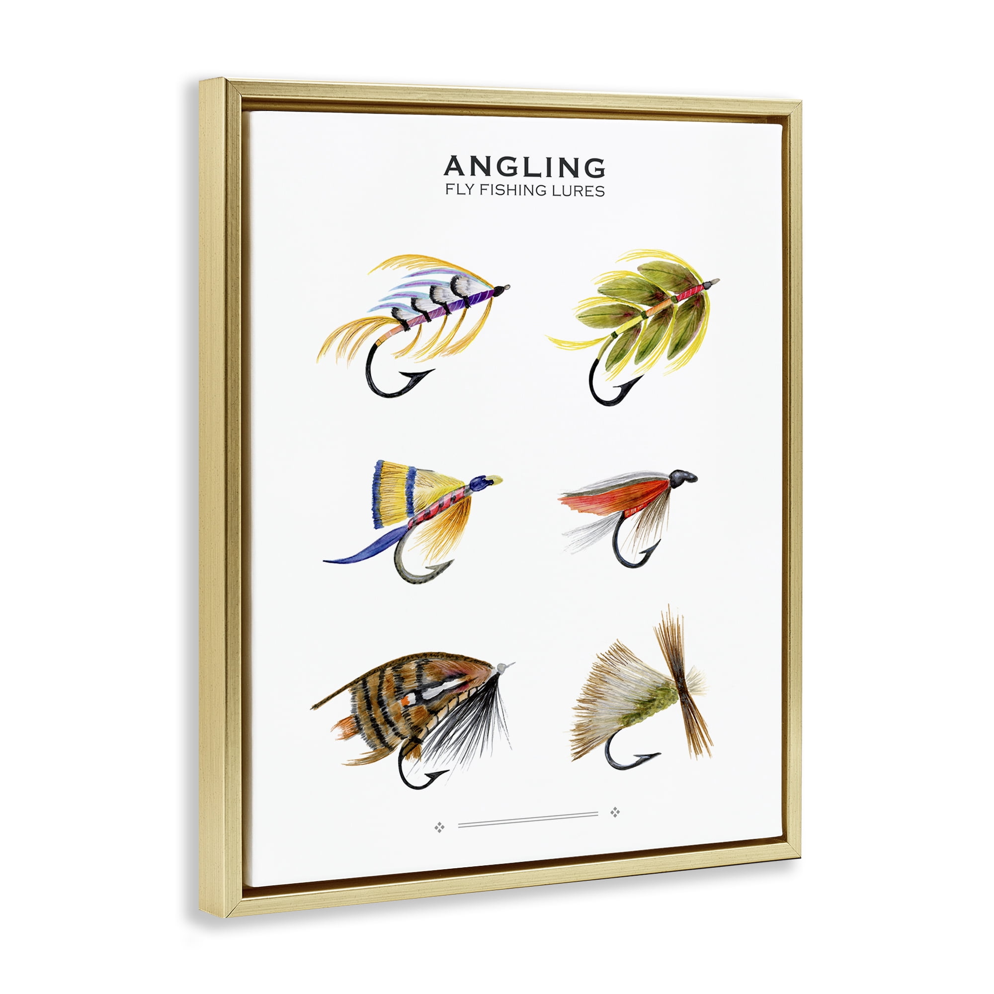 Stupell Industries Angling Fly Fishing Lures Sports Painting Gold Floater Framed Canvas Art Print Wall Art, 17 x 21