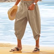 GLESTORE Men's Linen Pants Mens Capri Pants Elastic Waist Summer Beach Casual Khaki M