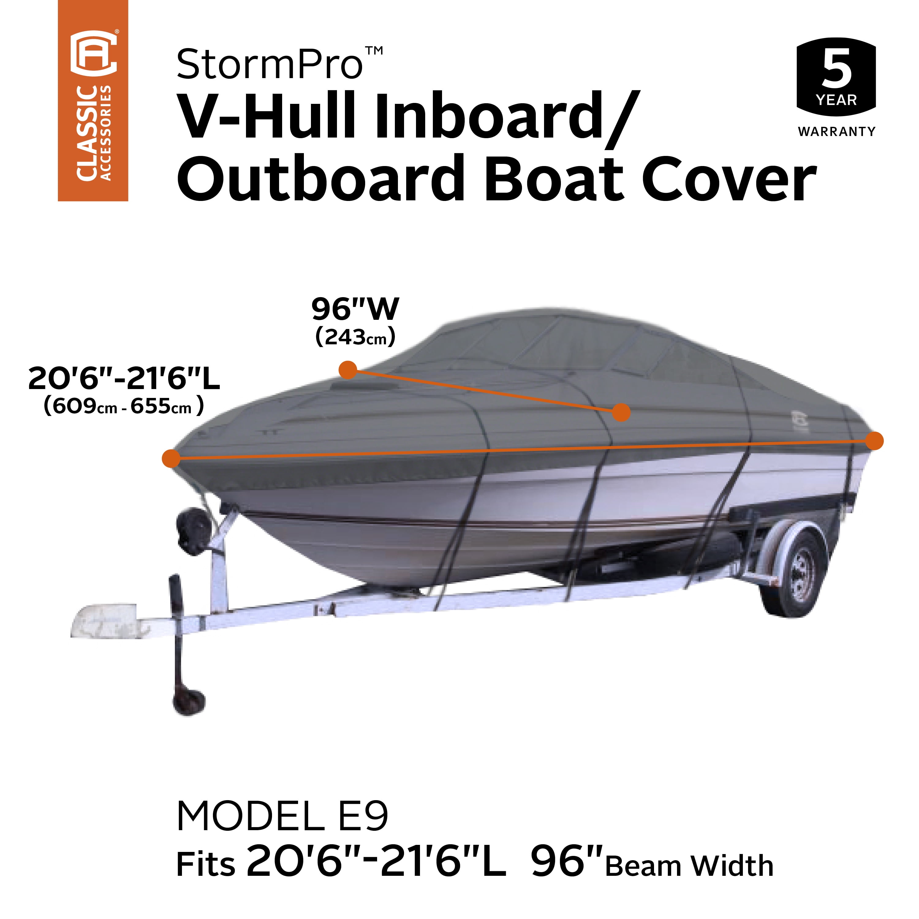 Classic Accessories StormPro Heavy-Duty V-Hull Inboard/Outboard Boat Cover, Fits Boats 20 ft 6 in - 21 ft 6 in long x 96 in wide