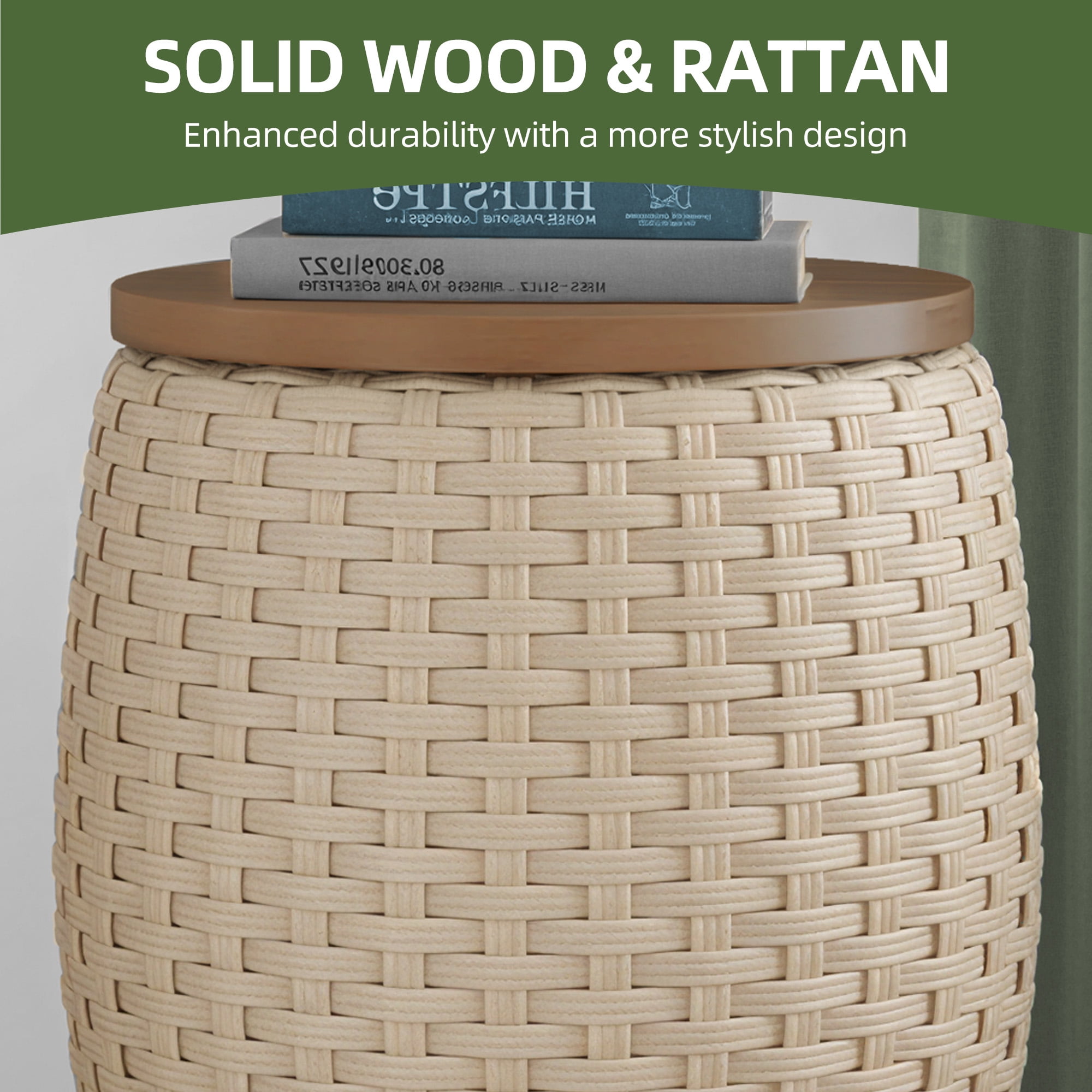 Uforic Outdoor Wicker Drum Side Table set of 2, All-weather Rattan Small Storage Box End Table, Coffee Table with Solid Wood Lid - Brown