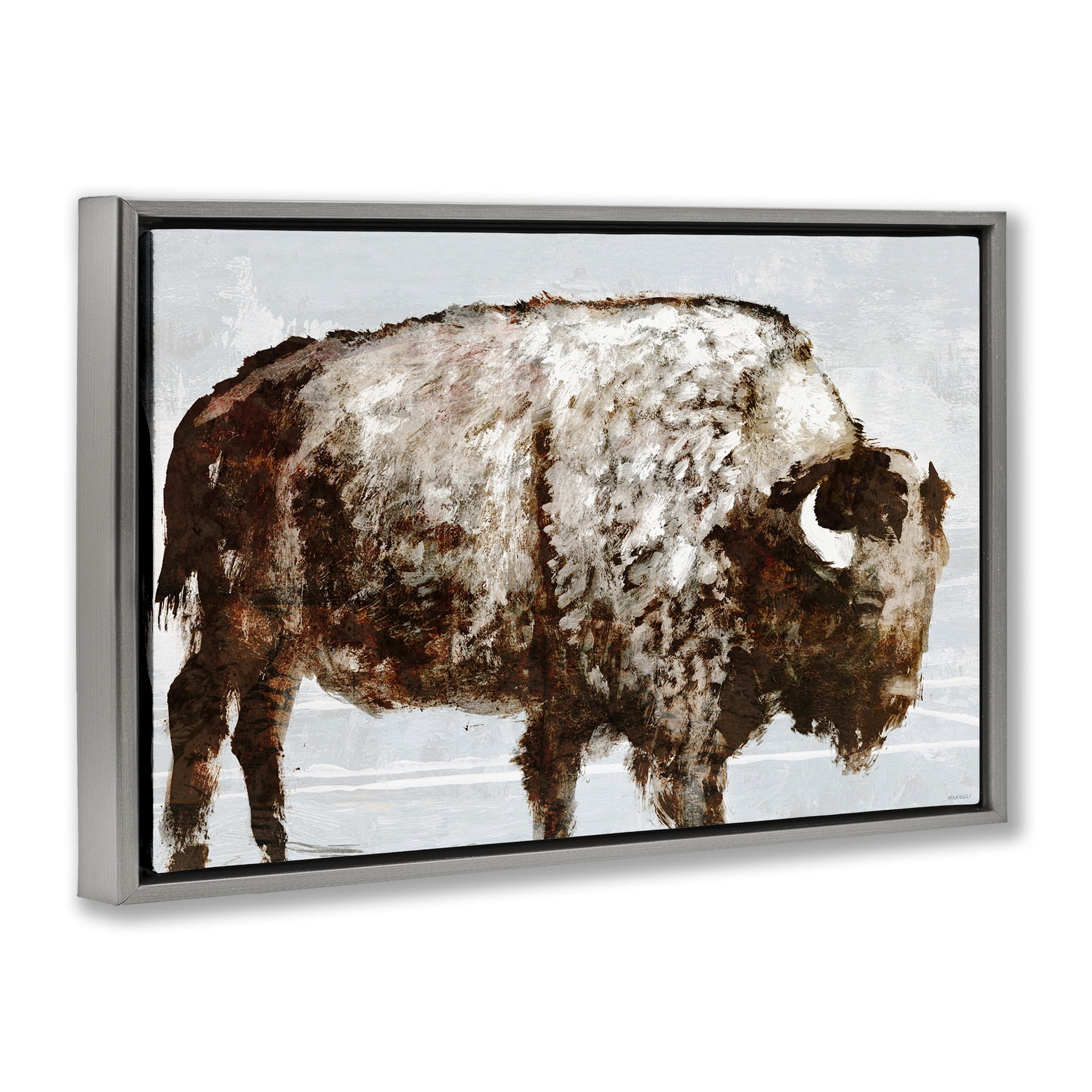 Stupell Industries Abstract Buffalo Impression Animals & Insects Painting Gray Floater Framed Canvas Art Print Wall Art, 31 x 21