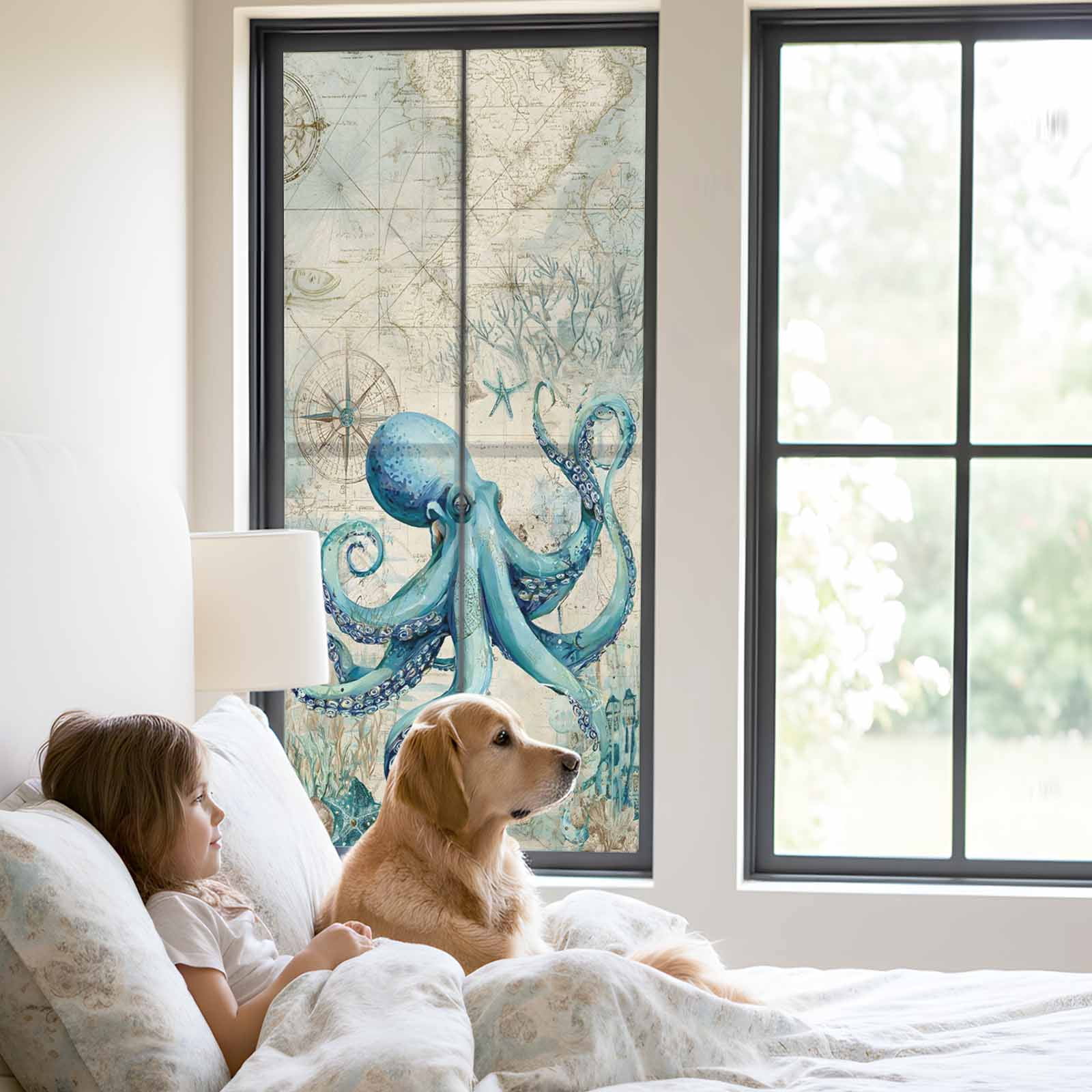 Summer Nautical Window Privacy Film, Teal Octopus Ocean Corals Compass Retro Brown Frosted Glass Window Clings Static Cling UV Heat Blocking Reusable Door Sticker for Bathroom 23.6 x 59 Inch