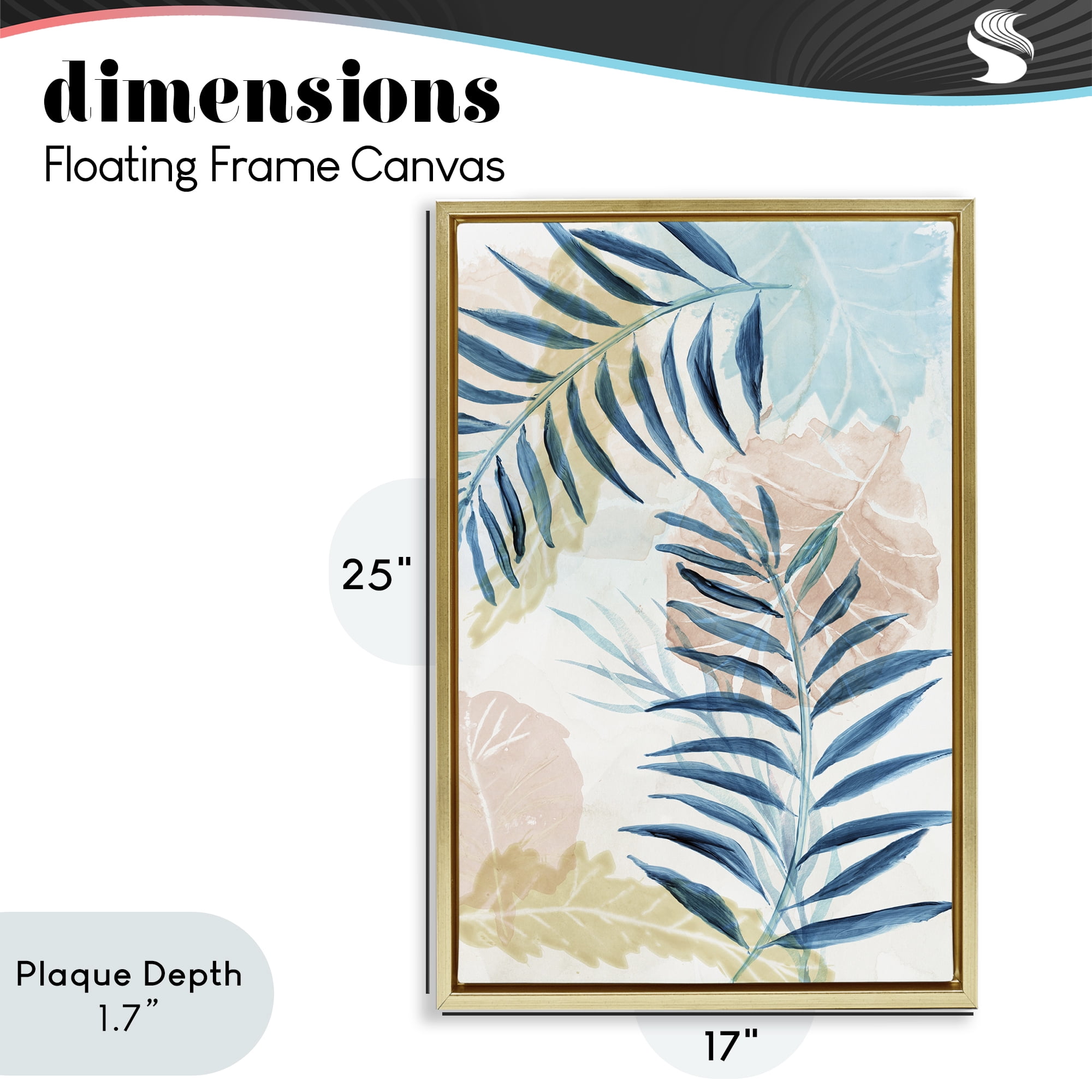 Stupell Industries Blue Palm Fronds in Pastel Haze Gold Framed Floater Canvas Wall Art, design by Nan