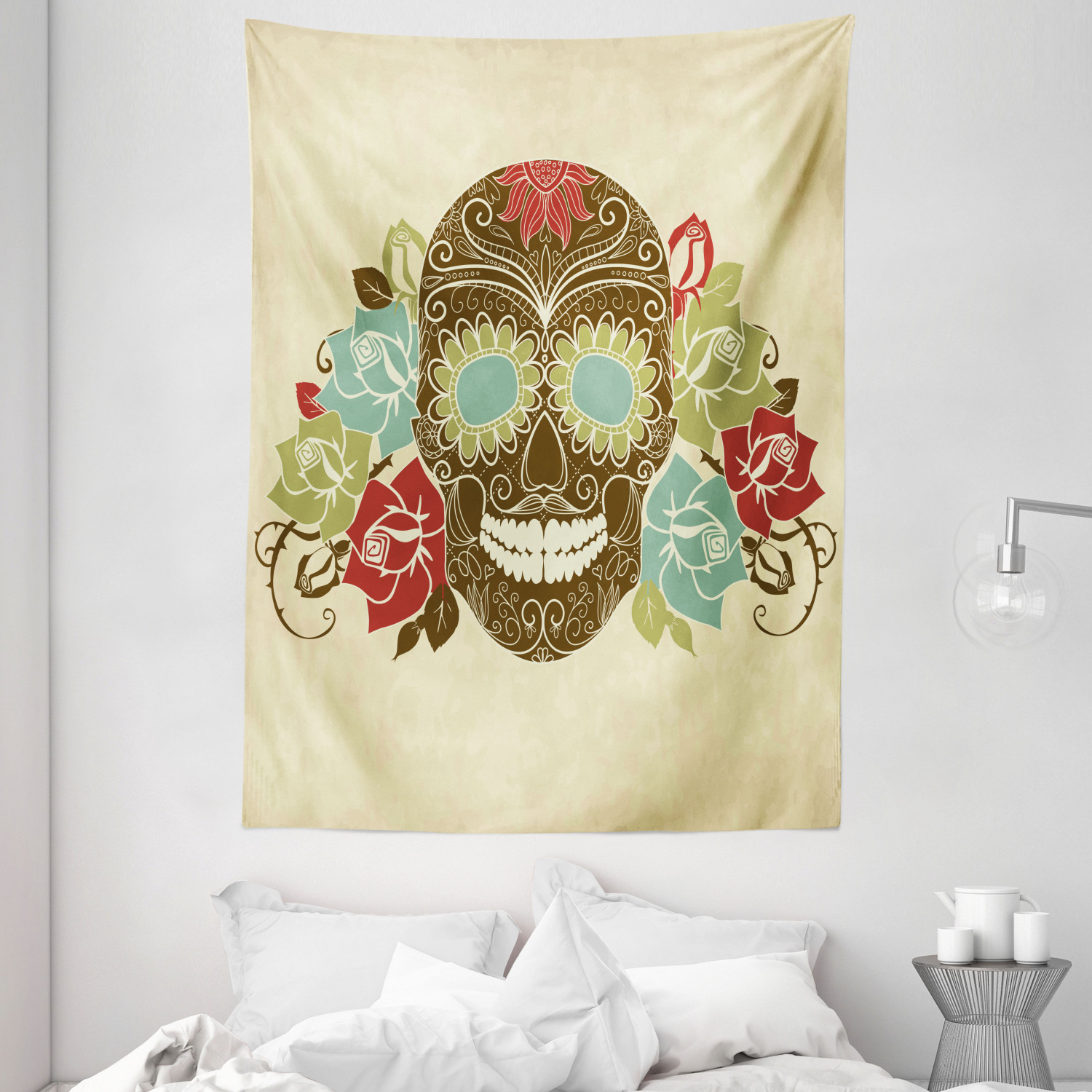 Sugar Skull Tapestry, Skull and Roses Colorful Vintage Composition with ...