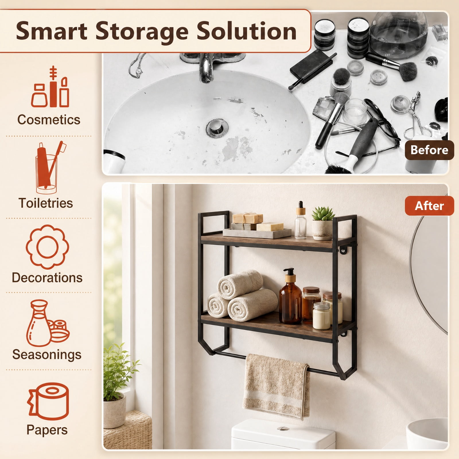 Vebreda Over-the-Toilet Storage Shelf with Metal Frame & Towel Bar, 2-Tier Wall-Anchored Bathroom Space Saver Organizer Rack Above Toilet, Rustic Brown