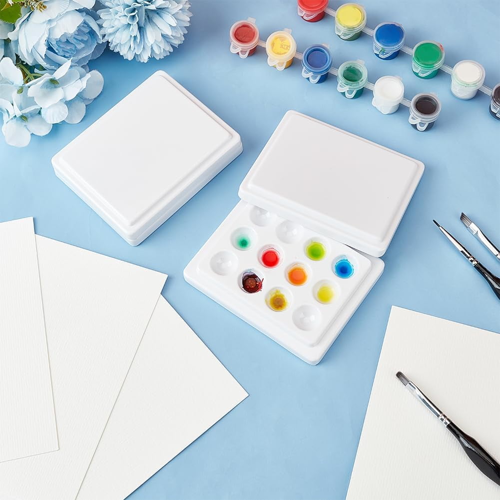 2Pcs 12-Well White Palette Plastic Imitation Porcelain Watercolor Oil Palette with Cover Mixing Tray Painting Palette with Lid for Watercolor Gouache Oil Acrylic Painting White DIY