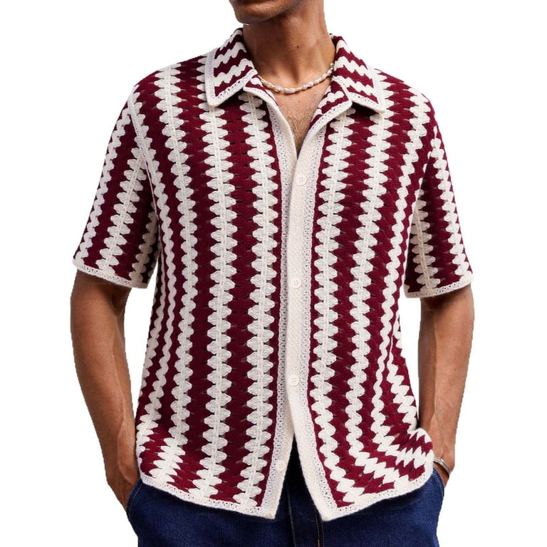 Cavosen Breathable Shirts for Men Knit Short Sleeve Dress Shirt Comfortable Classic Shirt Summer Jacquard Holiday Tops, Men's, Size: 2XL