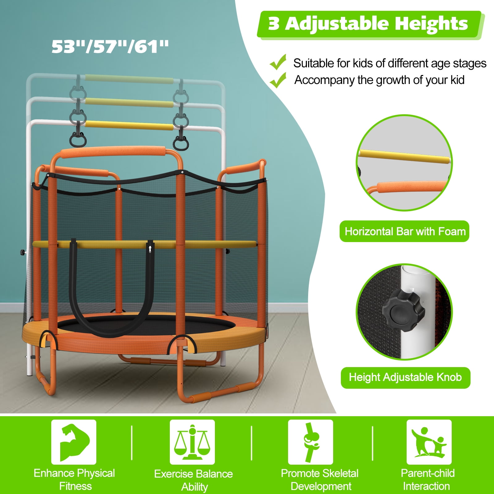 Topbuy 60 Inch Kids Trampoline, 330 LBS 3-in-1 Trampoline w/ Swinging Rings 3-Level Height Adjustable Horizontal Bar Orange