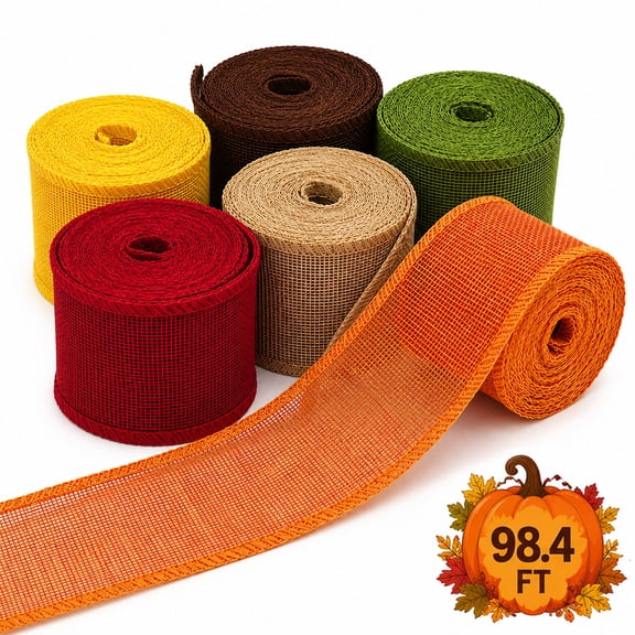 Fall Burlap Ribbon Wired Burlap Ribbon for Thanksgiving Autumn Farmhouse Wreath Bows Making Gift Wrapping DIY Crafts Decor 32.8 Yards 6 Rolls