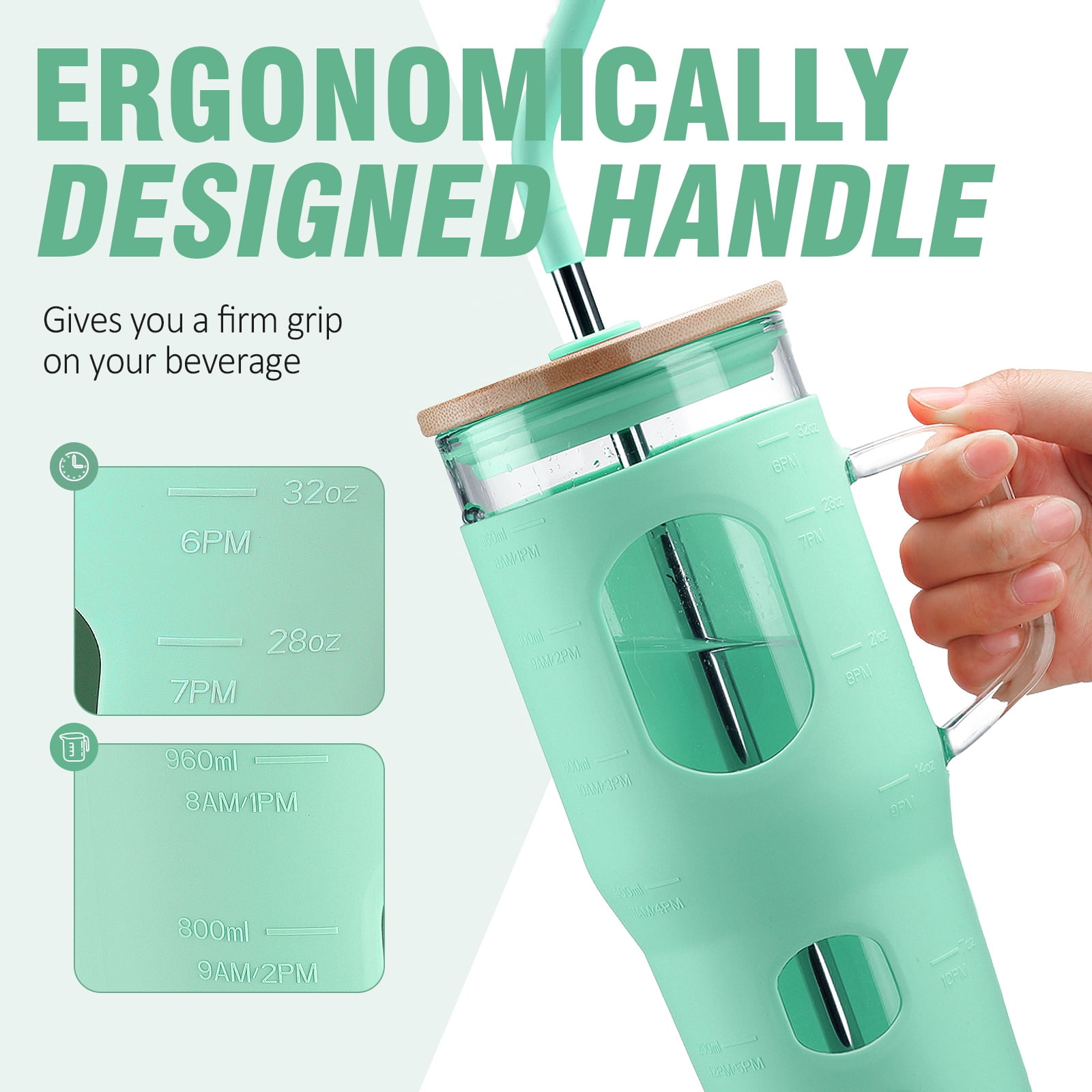 MUKOKO 32 oz Glass Tumbler , Glass Water Bottle with Capacity Marker and Silicone Sleeve, Iced Coffee Drinking Cup with Straw and Lid, Leakproof Suitable for Cup Holders, Green