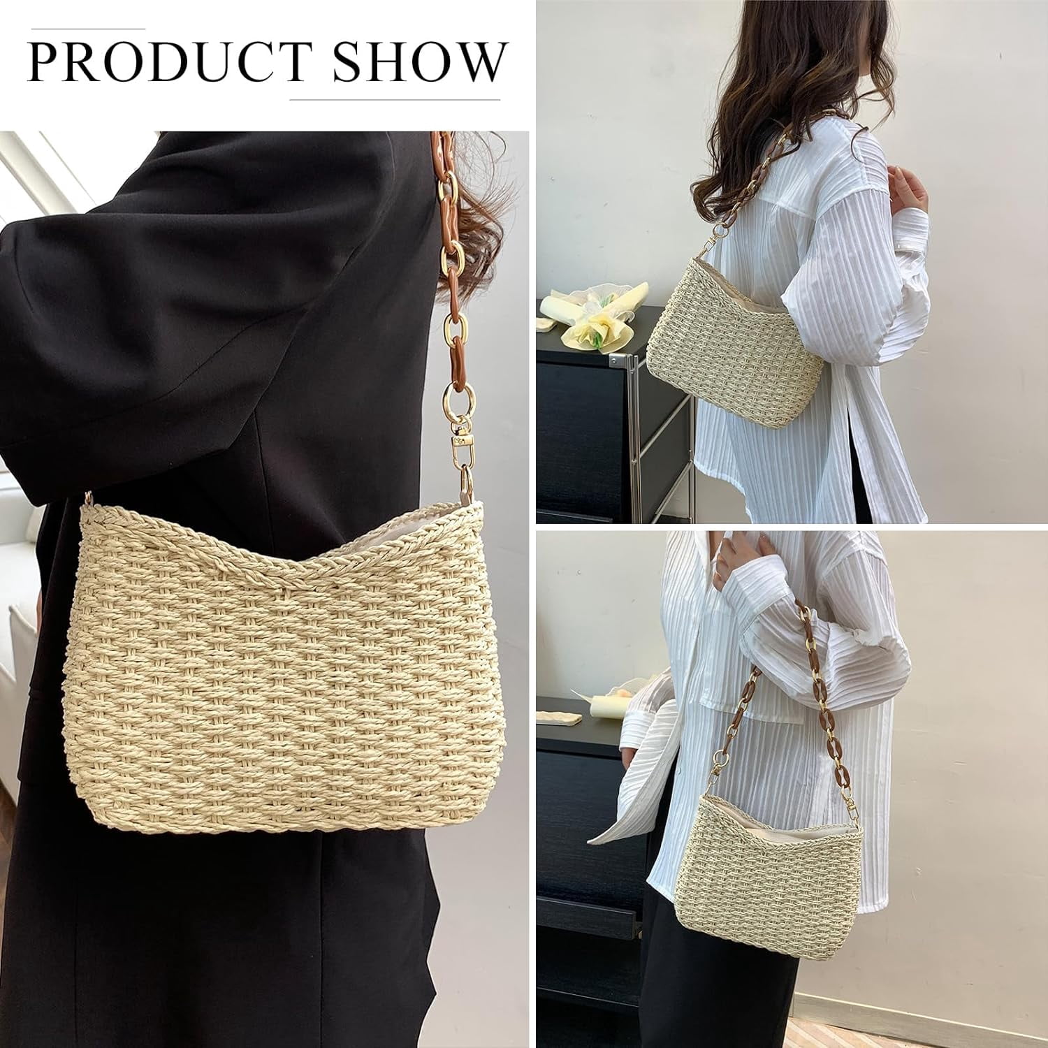 LinYooLi Straw Beach Bag, Summer Straw Bags for Women Trendy Straw Purses and Handbags Shoulder Tote Bag for Vacation