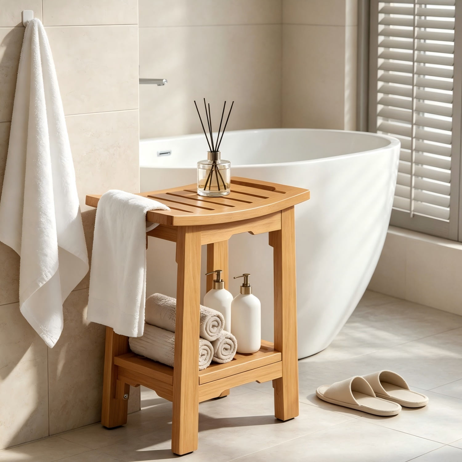 Hommoo 14-Inch Solid Wood Shower Stool for Bathroom, Waterproof, Anti-Slip, Space-Saving Vanity & Bath Seat, Walnut