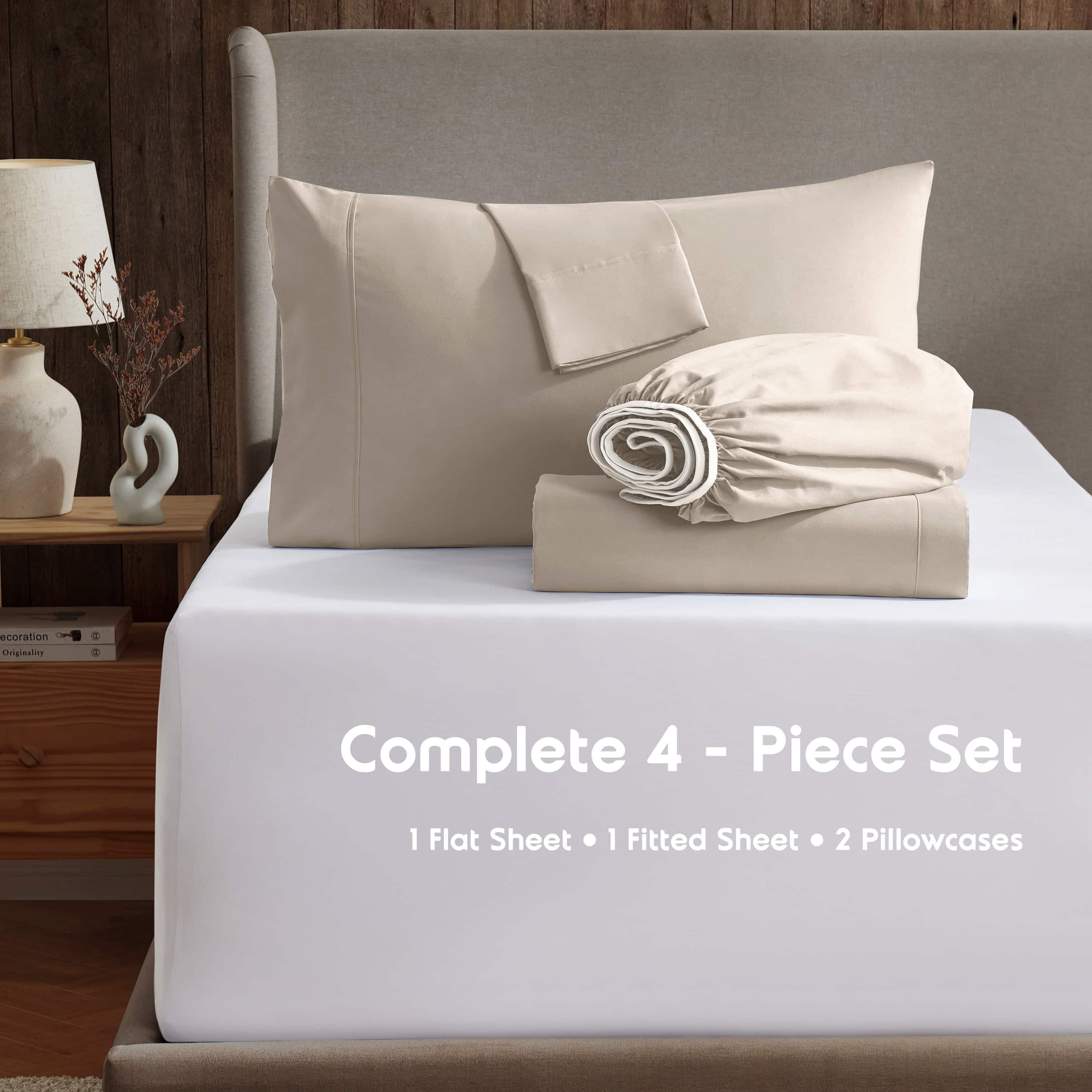 LammaLoe Extra Deep Pocket Twin Sheets set, Fits 18"-24" Mattress, 4 Piece Soft Microfiber Bed Sheet Sets, Beige Cream