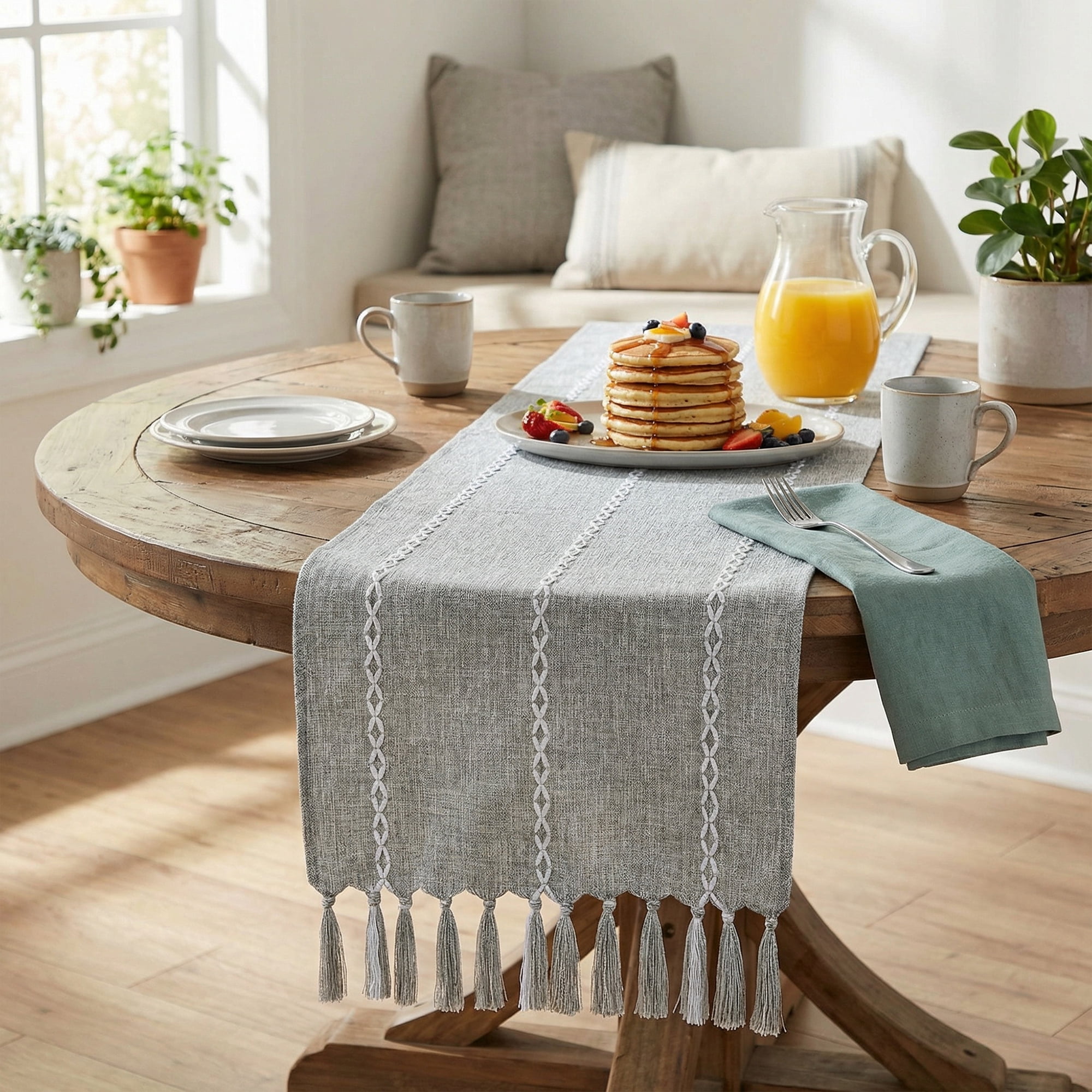 Unique Bargains Washable Polyester Kitchen Runner with Tassel for Dining Gray 13"x72"