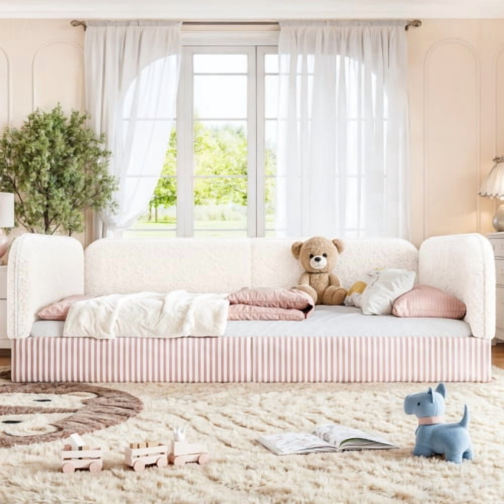 Full Size Upholstered Teddy Fleece Floor Bed Frame, Half-Enclosed Montessori Low Profile Platform Bed with Full-Perimeter Guardrails for Kids, Beige