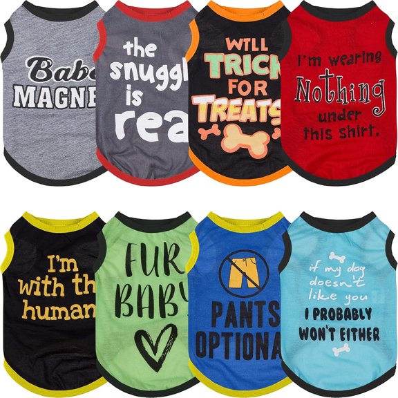AOMRCOL 8 Pieces Dog Shirts Pet Printed Clothes with Funny Letters Summer Pet T Shirts Cool Puppy Breathable Dog Outfit Soft Sweatshirt Cats(Classic Pattern,Small)