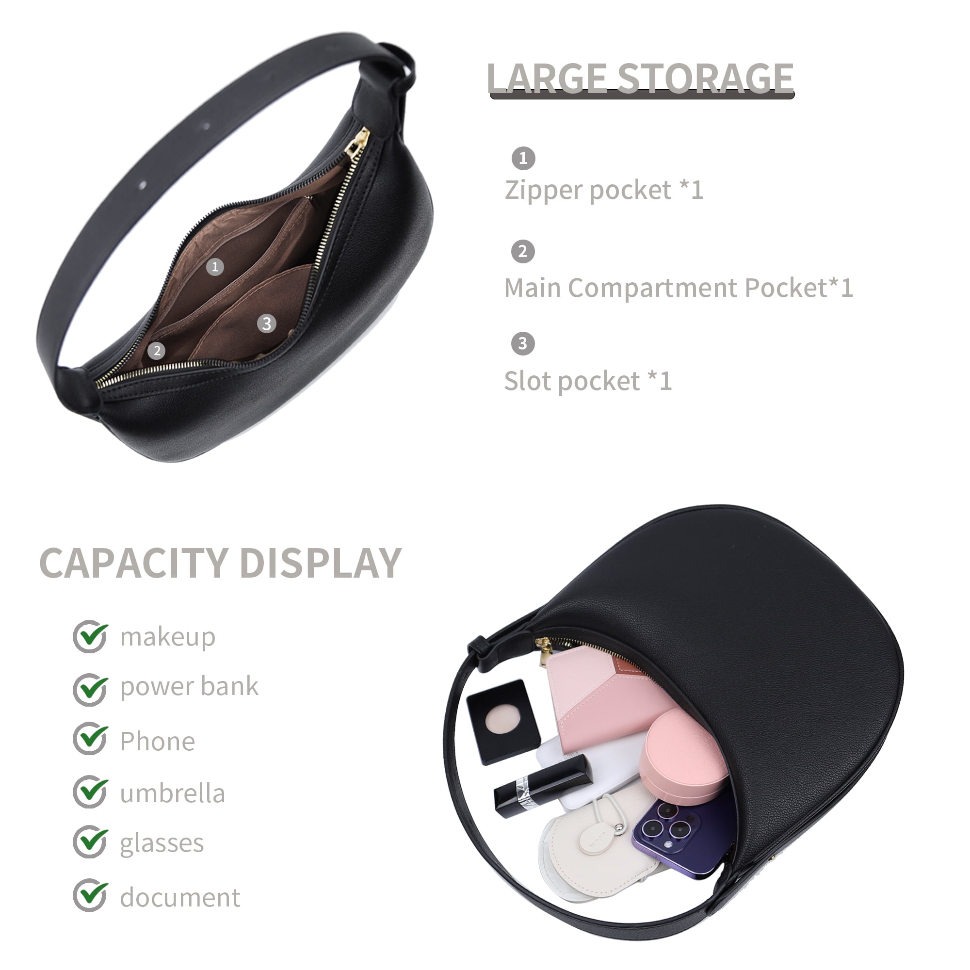 Badiya Crescent Shoulder Bag for Women Trendy Leather Crossbody Hobo Purse Vegan Clutch Handbag with 3 Adjustable Strap