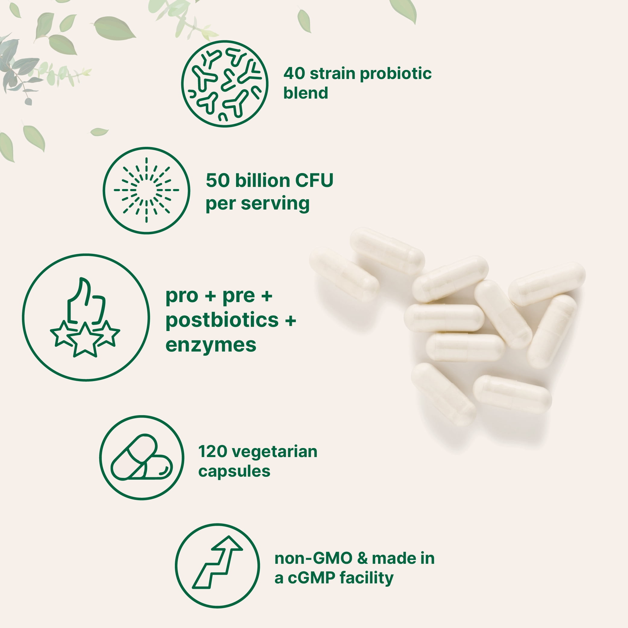 Micro Ingredients Daily Probiotics 50 Billion CFU, 120 Vegetarian Capsules | 4-in-1 with Prebiotics, Postbiotics, & Digestive Enzymes | Digestive & Gut Health Support