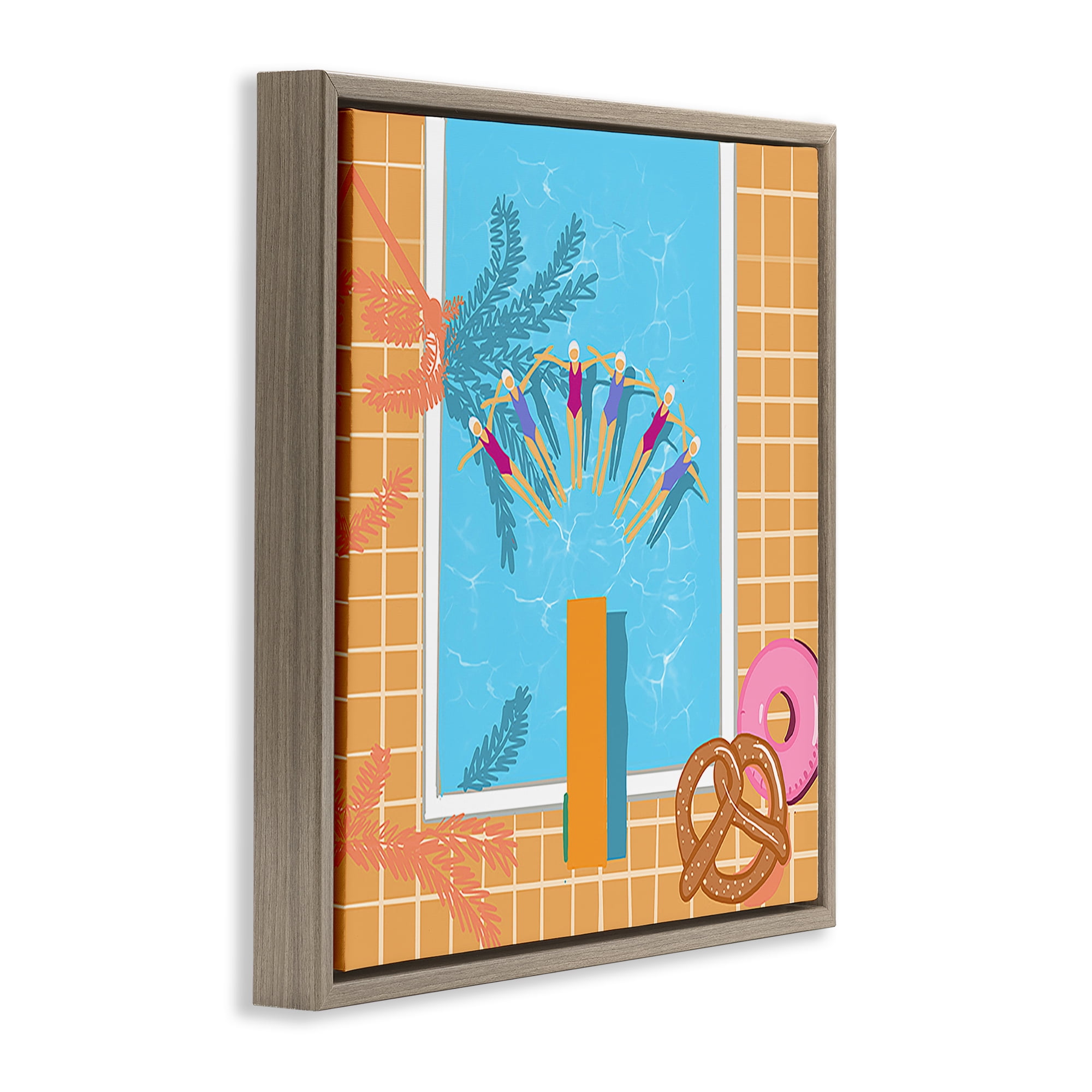 Stupell Industries In Sync Pool Swimmers People Painting Brown Floater Framed Canvas Art Print Wall Art, 18 x 18