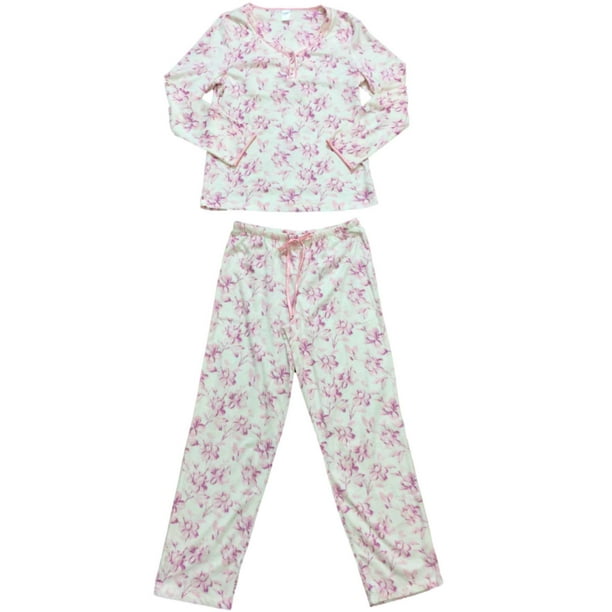 Adonna Womens White & Pink Floral Flower Fleece Pajamas Fuzzy 3/4