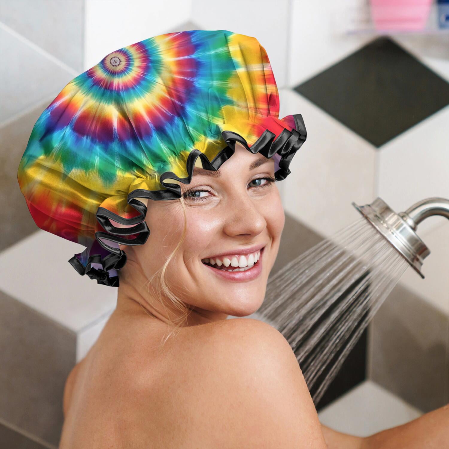 Shower Caps,Colorful Rainbow Tie Dye Spiral Pattern Waterproof Shower Cap for Women 4 Pieces,Double Reusable Hair Cover for Shower PEVA Elastic Stretch Hem