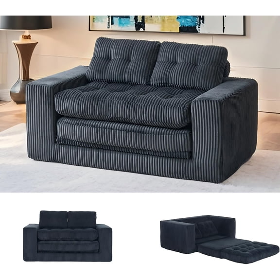 Loveseat Sofa Bed with Memory Foam, Convertible 2-in-1 Corduroy Couch, No Assembly Needed for Small Spaces, Black