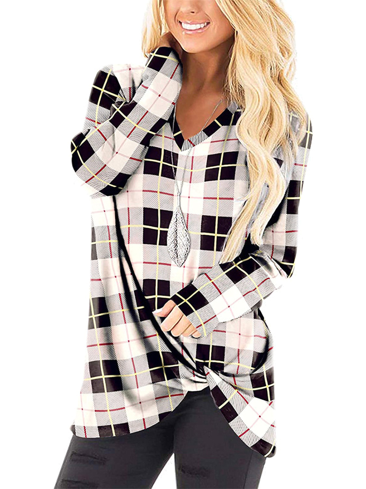 Womens Plaid Printed Tops Waffle Blend Twist T-Shirt Pullover Tops ...