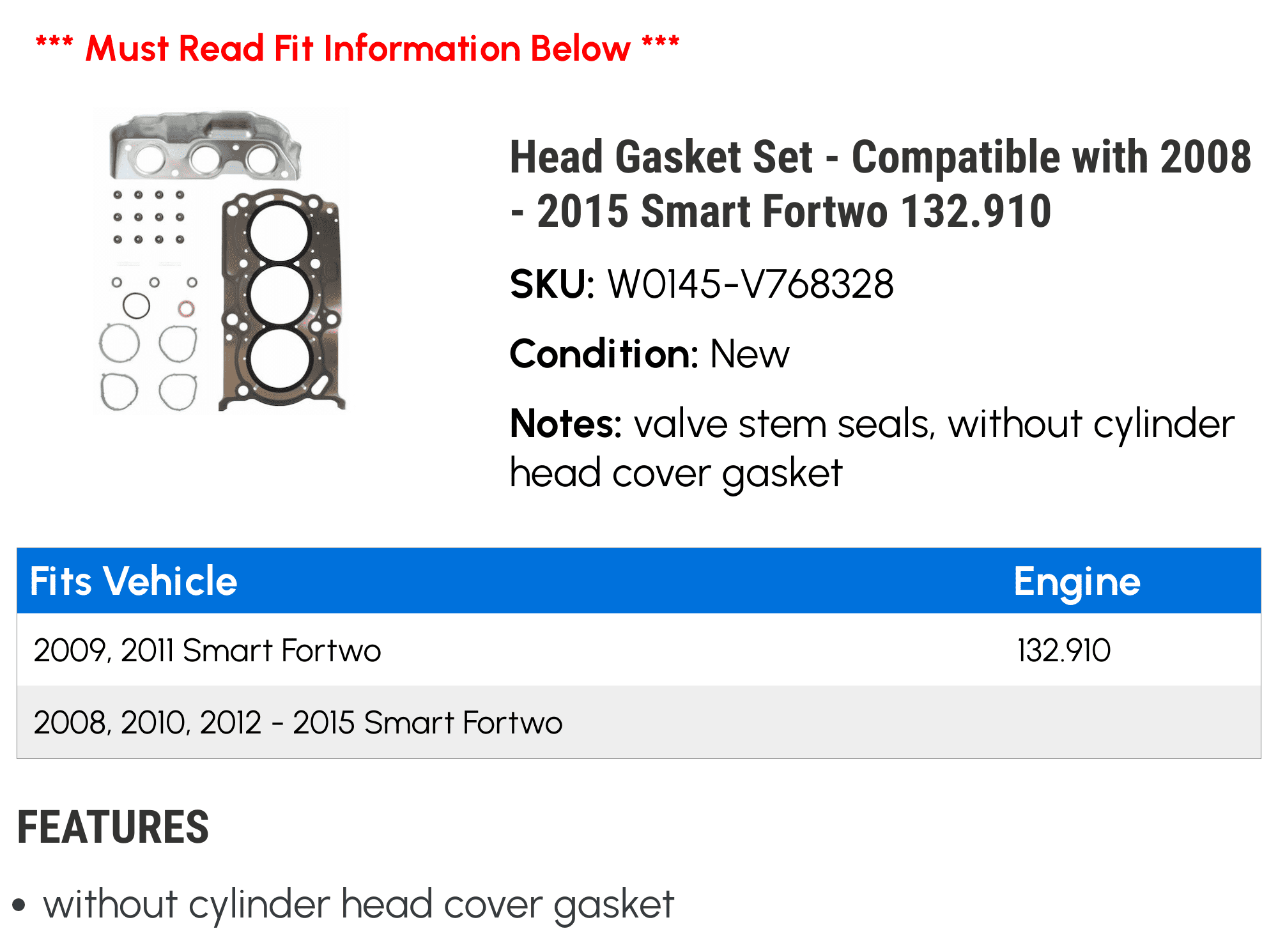 Head Gasket Set Compatible with 2008 2015 Smart Fortwo 132.910 2009  2010 2011 2012 2013 2014
