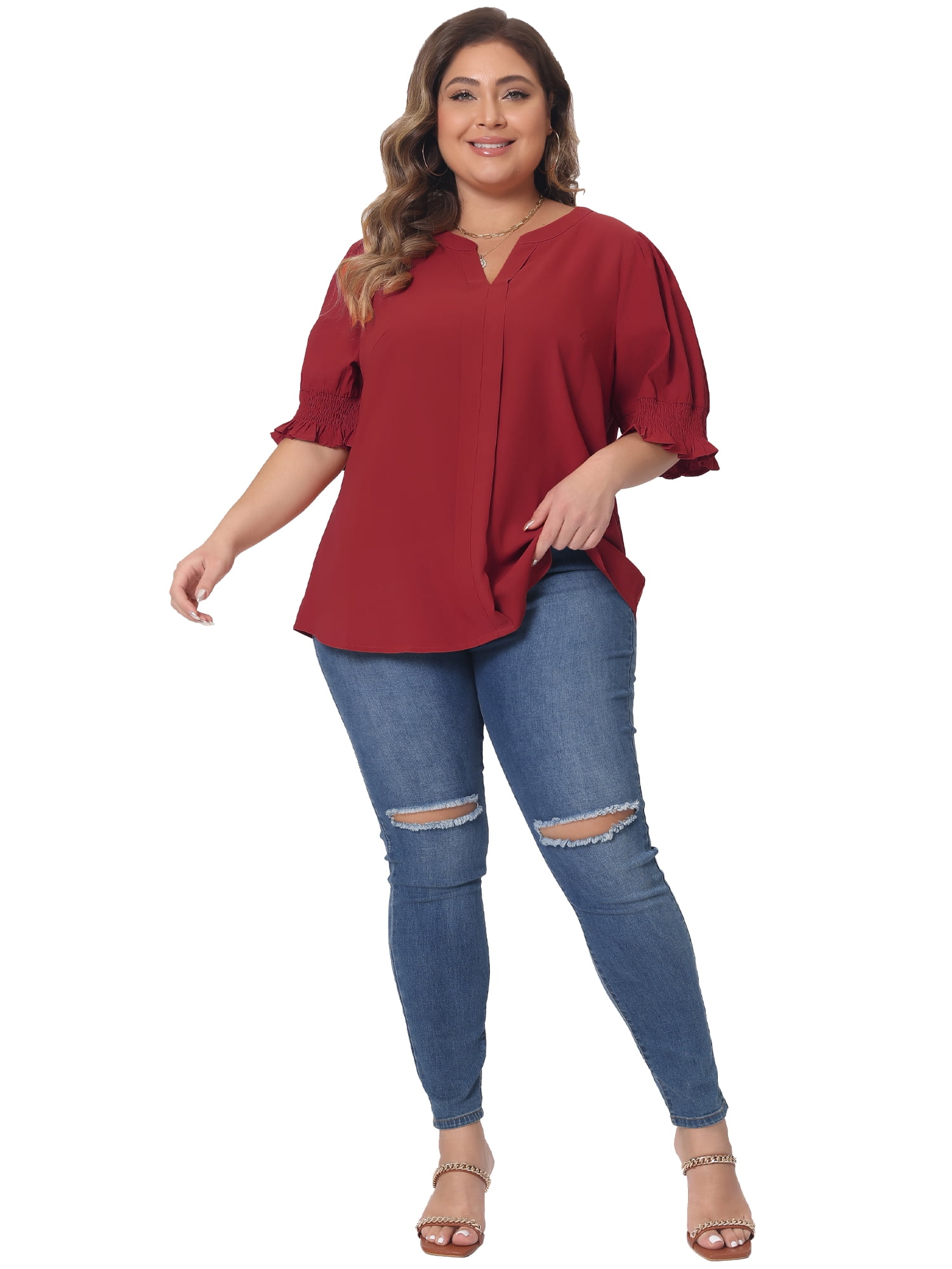 DARING DIVA Women's Plus Top Notched V Neck Puff Blouse Tops 1X Burgundy