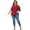 thumbnail image 3 of DARING DIVA Women's Plus Top Notched V Neck Puff Blouse Tops 3X Burgundy, 3 of 6