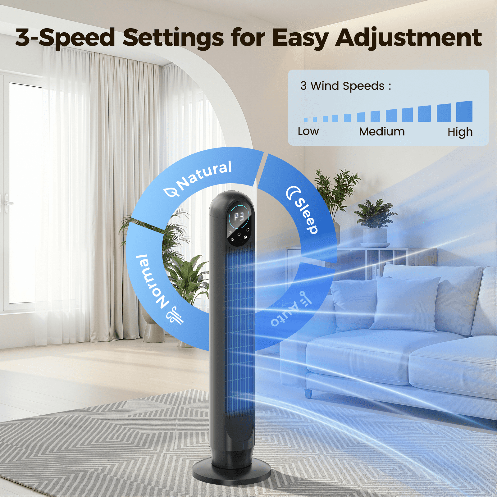 Tower Fan For Home with Remote, 31" Bladeless Floor Fans for Home, 4 Modes & 4 Speeds, 12H Timer, LED Display, Wide Oscillating Wide Cooling for Bedroom, Office