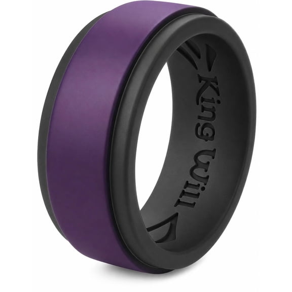 King Will Silicone Wedding Ring for Men Women, 8mm Step Edge Purple & Black Rubber Wedding Band, Breathable Internal Water Ripple Design, Durable & Flexible Sport Ring for Gym Outdoor Work Size 10