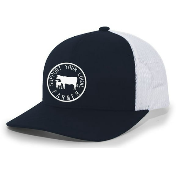 Support Your Local Farmers Cattle Rancher Farm to Table Mens Embroidered Mesh Back Trucker Hat, Navy/White