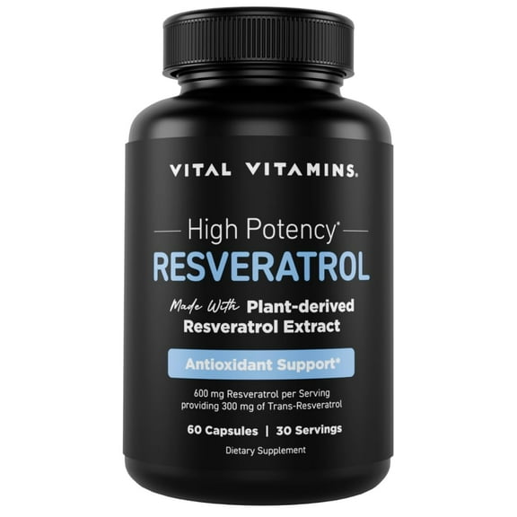 Vital Vitamins Resveratrol Supplement - Antioxidant Support, Cellular Longevity, Cognitive Function - 60 Capsules