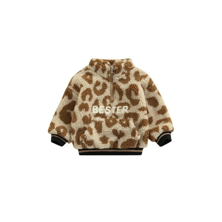 

ZIYIXIN Kids Boys Girls Sweatshirt Letter Leopard Printed Fur Long Sleeve Zipper Tops Khaki 3-4 Years