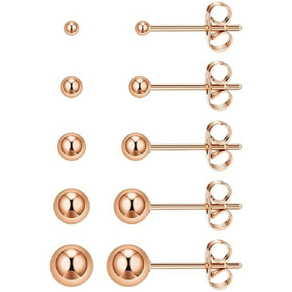 Cterwk 5 Pairs 14K Plated Stud Earrings 3-7mm Small Ball Stud Earrings for Women Men, Rose Gold