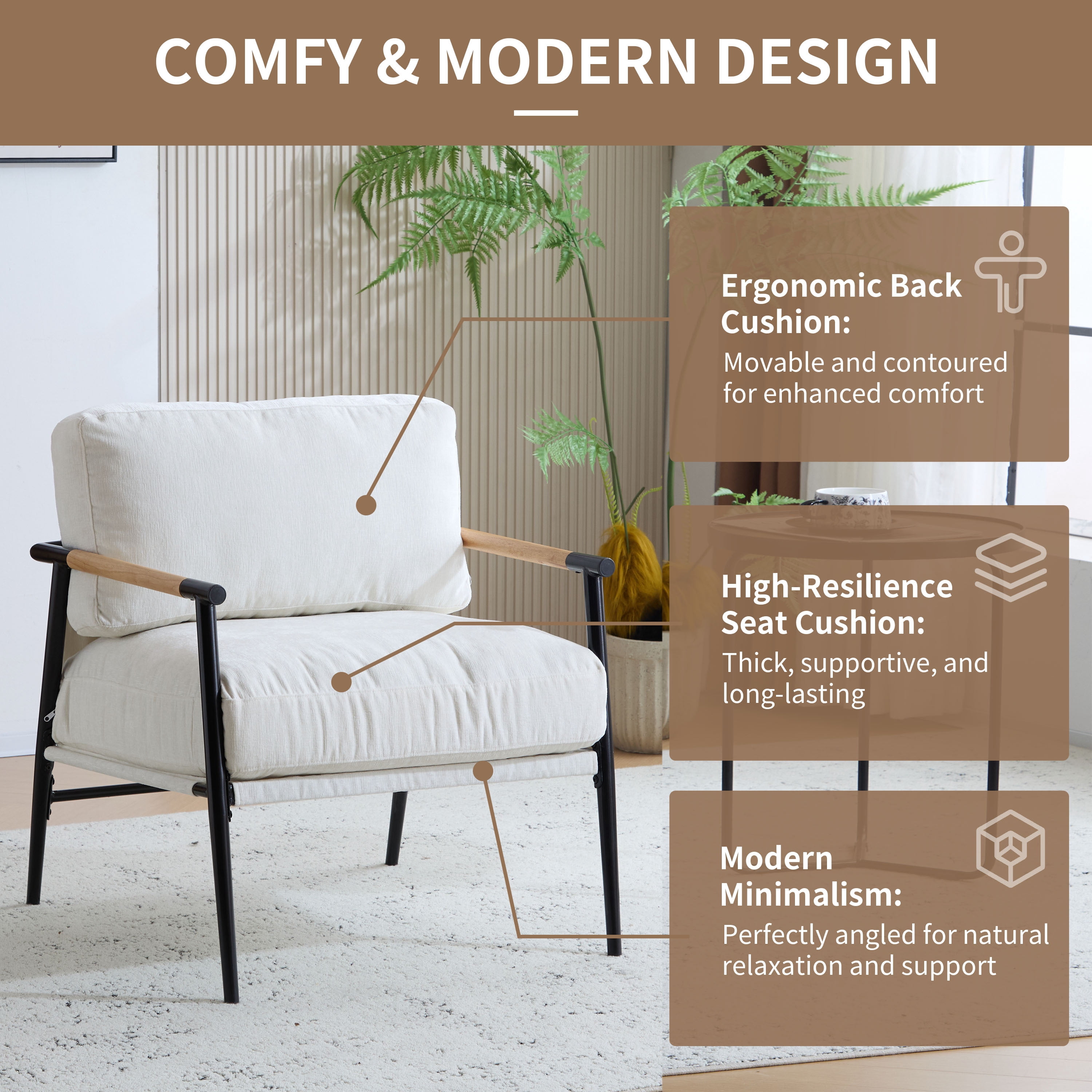 EUROCO 26"W Modern Accent Chair,Upholstered Modern Lounge Arm Chair with Plush Cushions, Minimalist Metal Frame and Wooden Armrest Design,Reading Leisure Chair for Living Room,Waiting Room,White